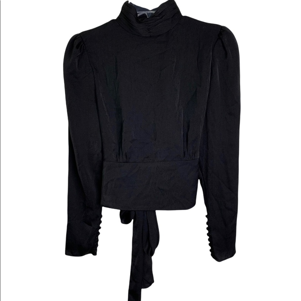 Elan High Neck Open Back Tie Waist Long Sleeve Shirt in Black Size M